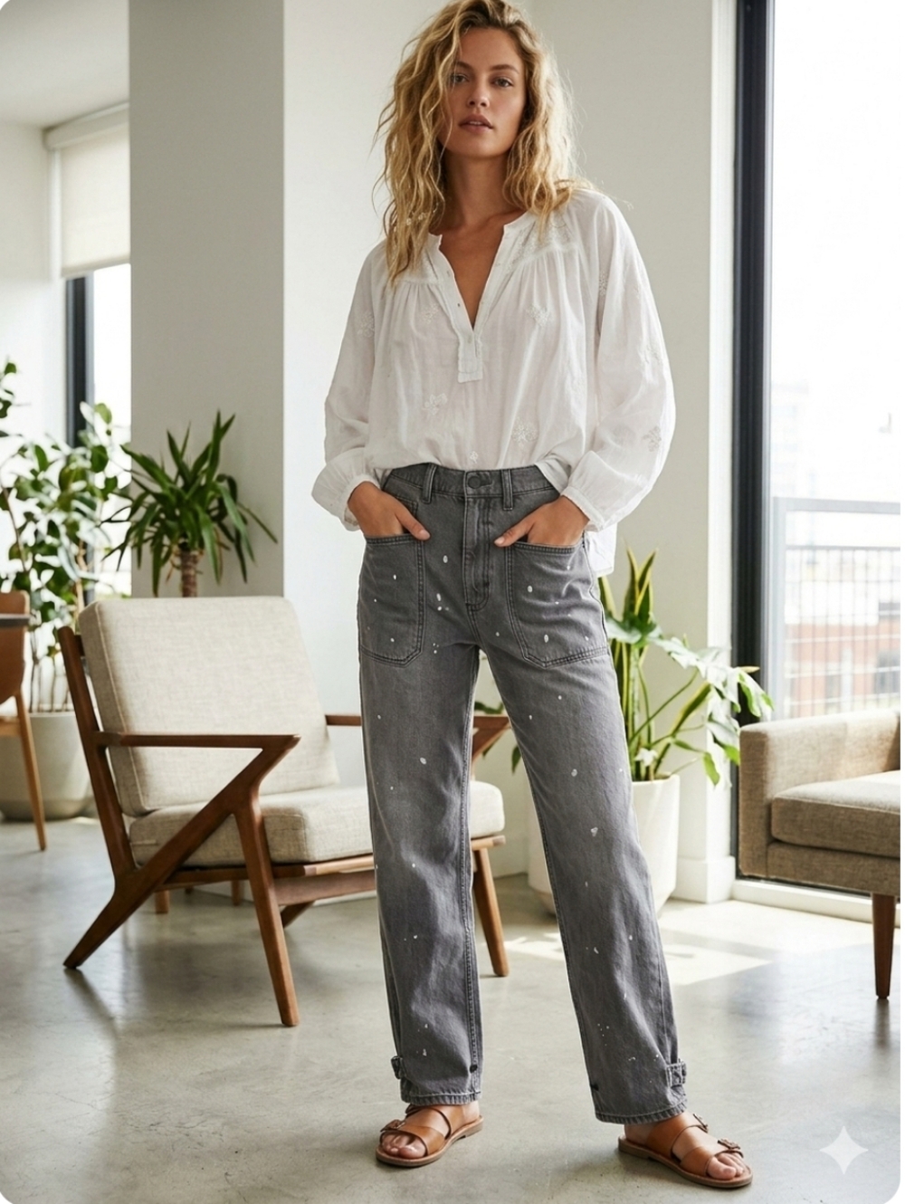 Sandrine Rose X Free People Grey High Rise Straight Leg denim Jean, size 28, NWT